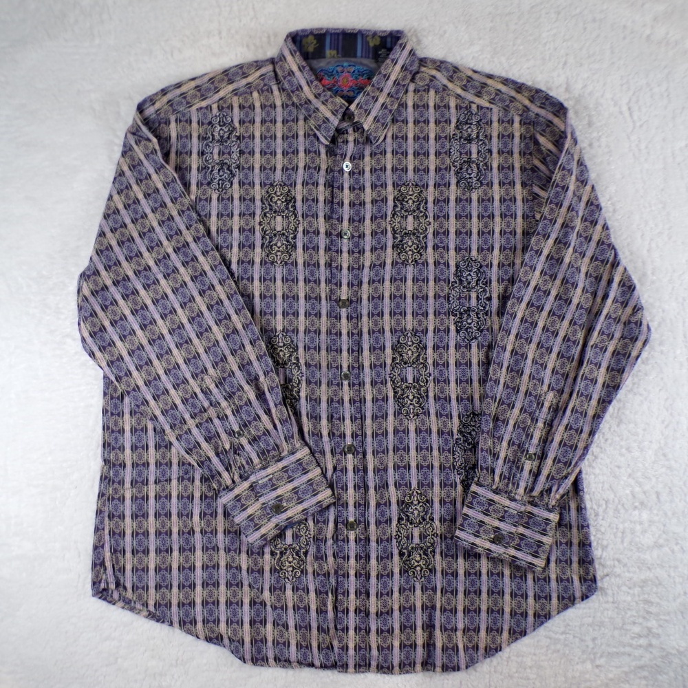 ROBERT GRAHAM - SILK TRIM Embroidered Mens 2XL Paisley Button Down Shirt